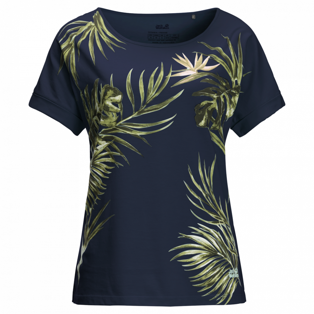 definitief merk Array Jack Wolfskin Tropical Leaf T-Shirt Dames Blauw kopen?