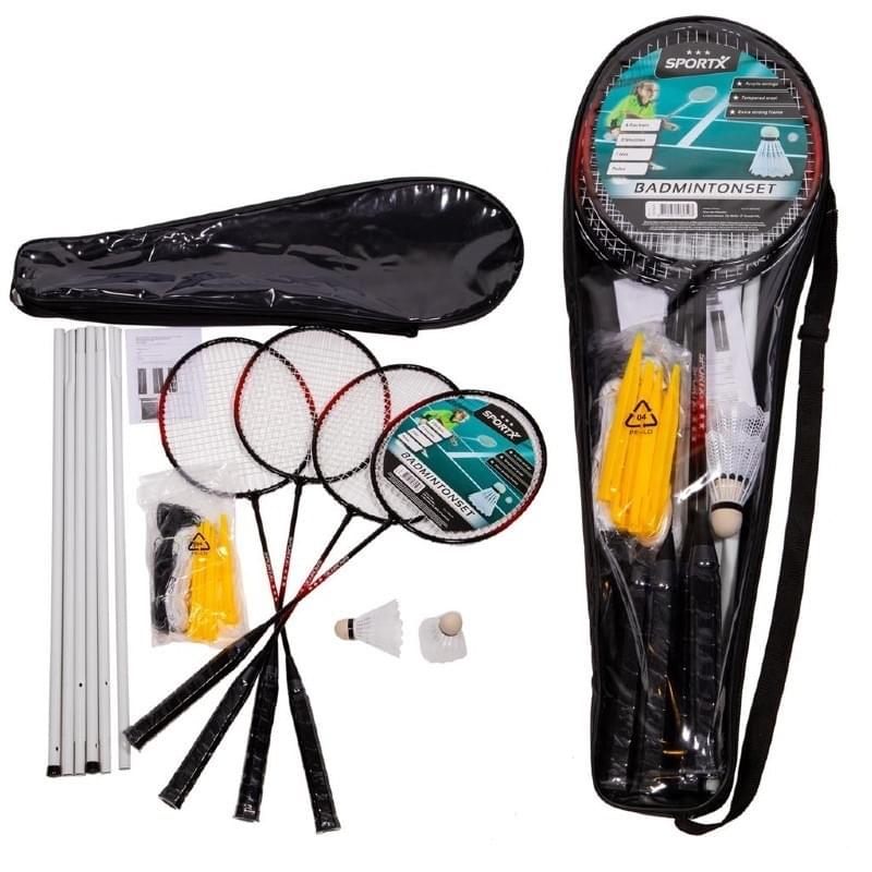 Sportx Badmintonset; 4 rackets, net en 3 shuttles
