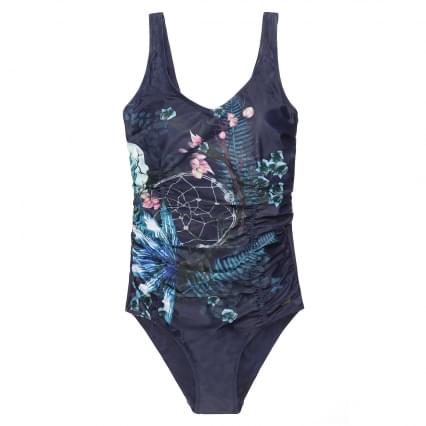 Mila Ladies swimsuit with gathering softcups, placed print, Mila tag, mt. 38 Navy Tur